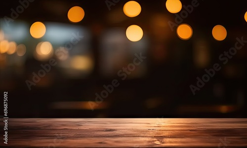 Scene bar captures essence of modern yet cozy space. Vintage wooden table bathed in warm light serves as focal point against dark ambiance of night on blurred cafe background photo