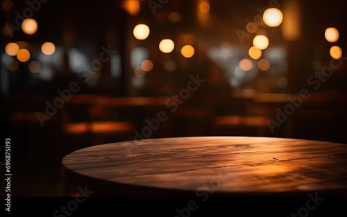 Scene bar captures essence of modern yet cozy space. Vintage wooden table bathed in warm light serves as focal point against dark ambiance of night on blurred cafe background © Wuttichai