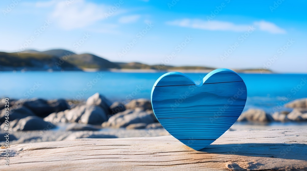 Fototapeta premium Close up of a blue wooden Heart in front of a beautiful Seascape. Blurred natural Background