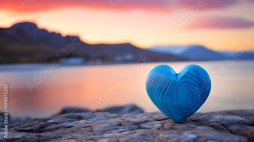 Close up of a blue wooden Heart in front of a beautiful Seascape. Blurred natural Background