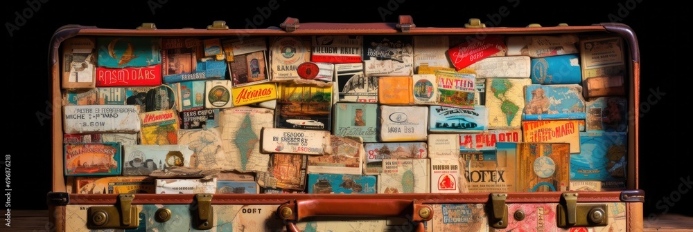 Close-up of a vintage suitcase with travel stickers from around the world