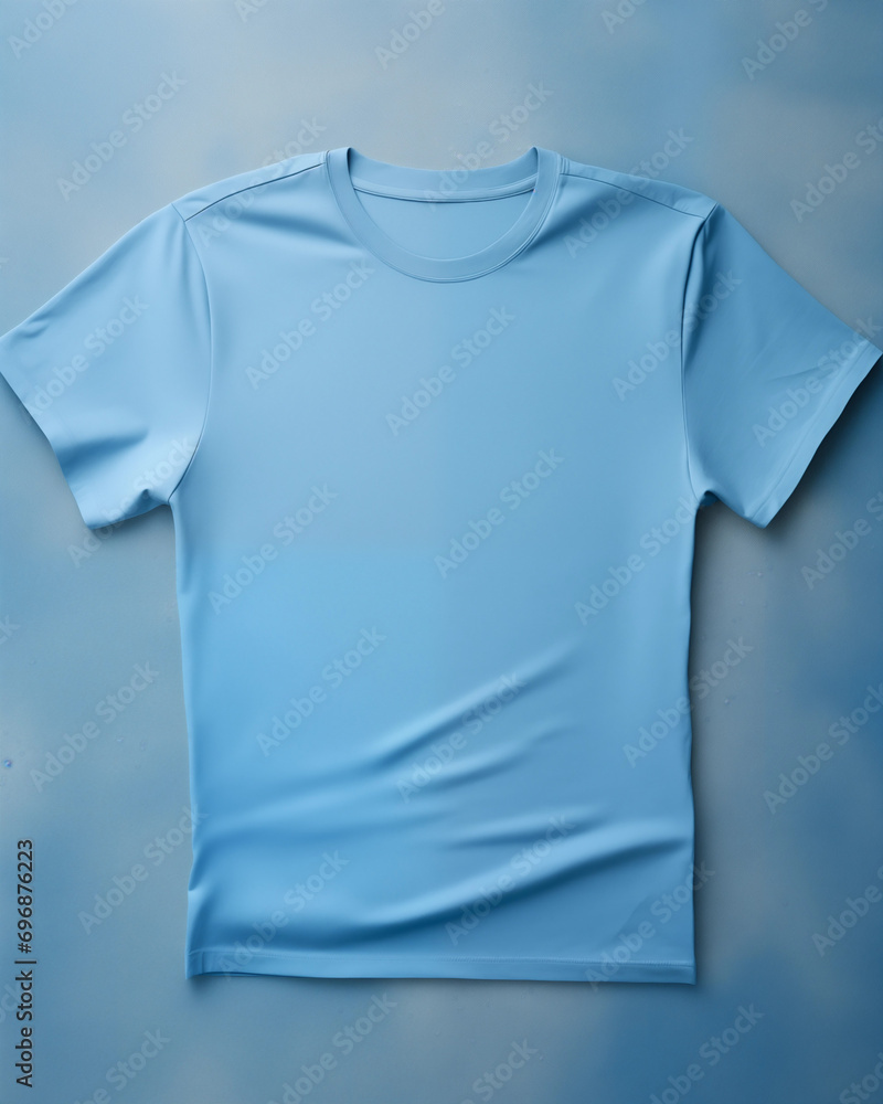 Camiseta azul isolada sobre uma mesa - mockup - obrazy, fototapety, plakaty 