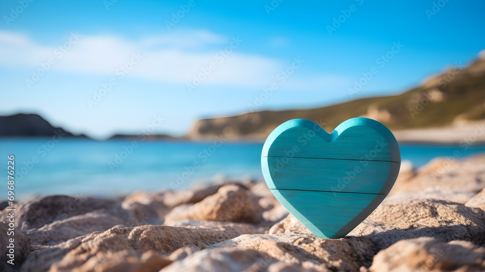 Fototapeta premium Close up of a cyan wooden Heart in front of a beautiful Seascape. Blurred natural Background