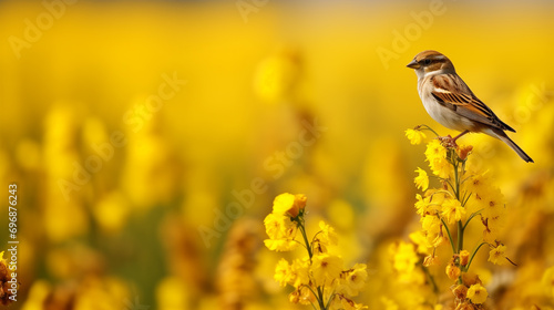 Pássaro Pardal pousado em um campo de flores amarelas - Papel de parede photo
