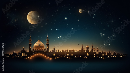Ramadan Kareem greeting card - crescent and mosque silhouette, hanging stars