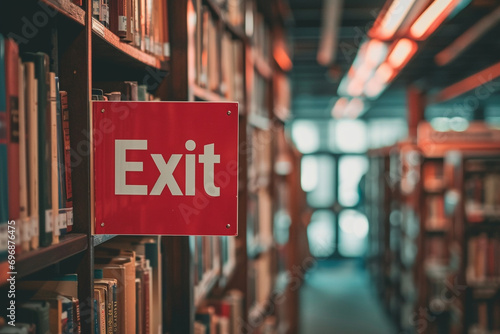 "Exit" sign in a quiet library setting, focusing on the contrast between the sign and the surrounding books