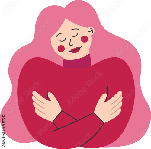 Happy woman hugs herself.  Love your body concept. 