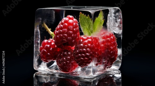 Raspberry frozen in an ice cube. Frozen berries on black background.