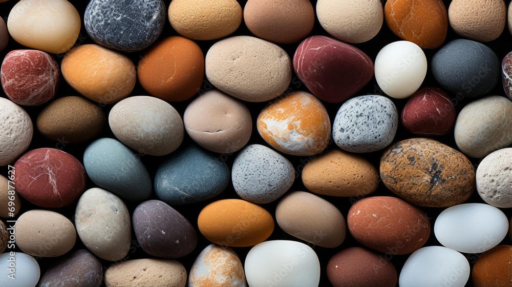 A vibrant collection of diverse hued stones nestled among the earth, resembling a cluster of speckled eggs waiting to hatch A vibrant collection of diverse hued stones nestled among the earth, resembling a cluster of speckled eggs waiting to hatch