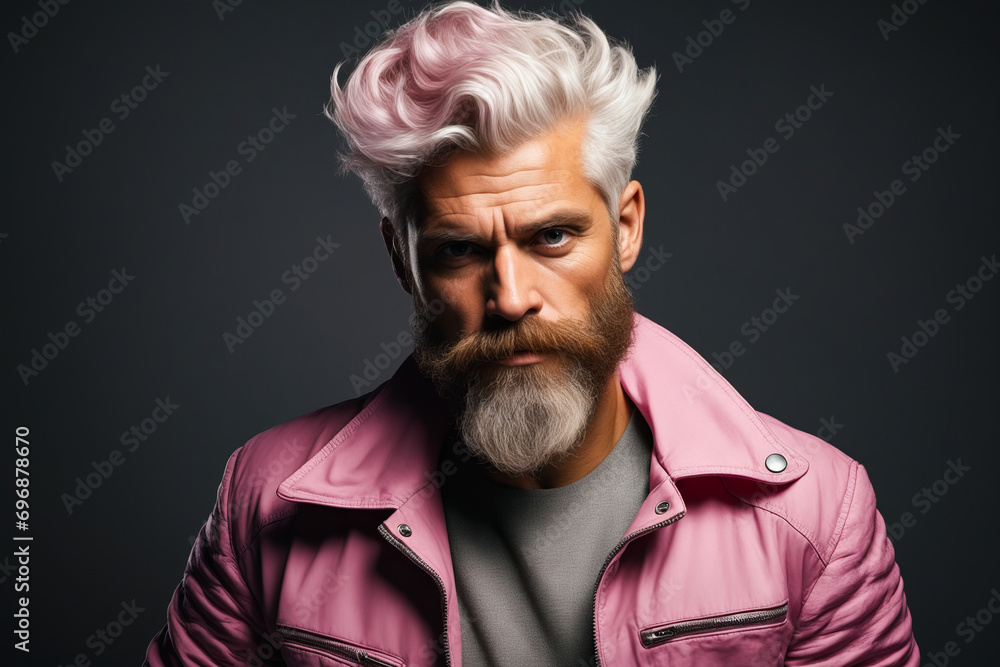 Man with pink jacket and beard and grey shirt.