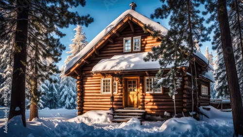 Log house in Siberia in winter, frost on the trees