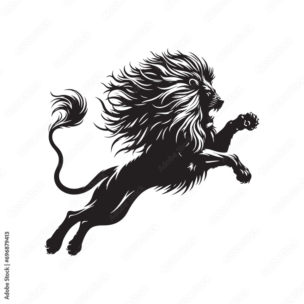 Obraz premium Midnight Marauder: Lion Attacking Silhouette, a Stealthy Ambush in the Heart of the Darkened Savannah 