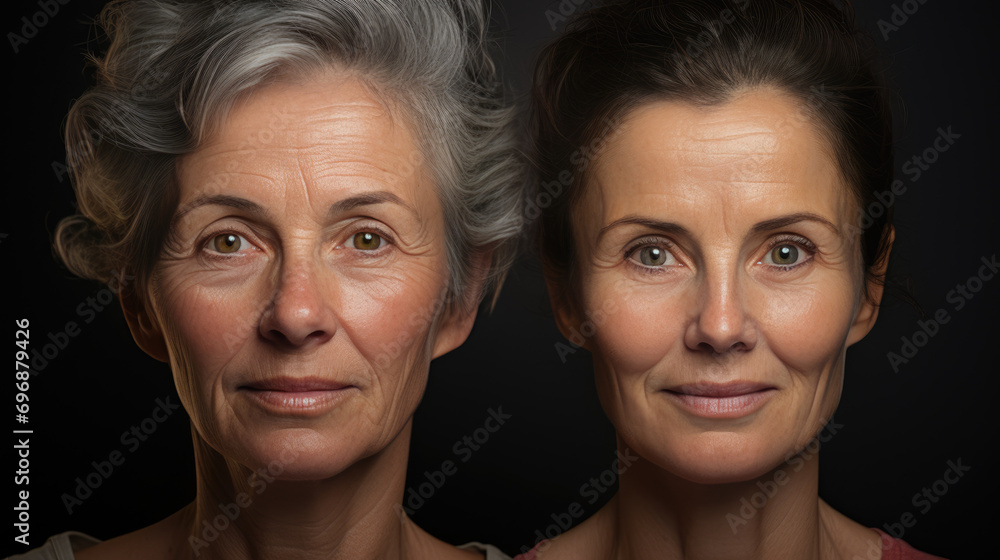 A woman with wrinkles and without wrinkles. Photos before and after. A woman after visiting a beauty salon. A woman with wrinkles and without wrinkles. Photos before and after. A woman after visiting a beauty salon.