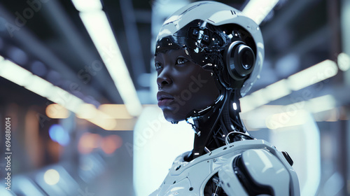 Black woman with a cybernetic head and neck, suggesting a futuristic integration of human and machine. Wearable AI device as bionic cyborg. Technology inclusion and diversity photo