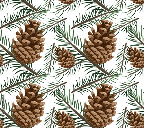Pattern of pine branches with pine cones. Seamless pattern in vector. Suitable for backgrounds and prints.