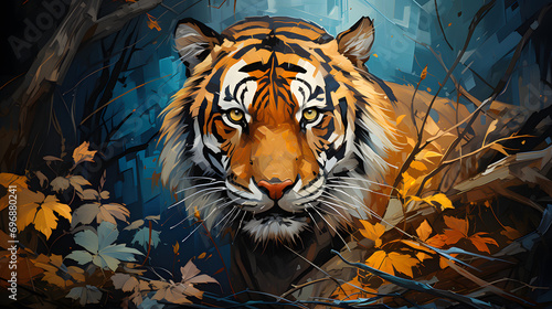 Tiger in the Dark Forest Background.
