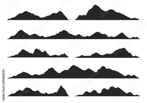 Mountains silhouettes on the white background. Wide semi-detailed panoramic silhouettes of highlands, mountains and rocky landscapes. Isolated Row of Mountains in Vector	png