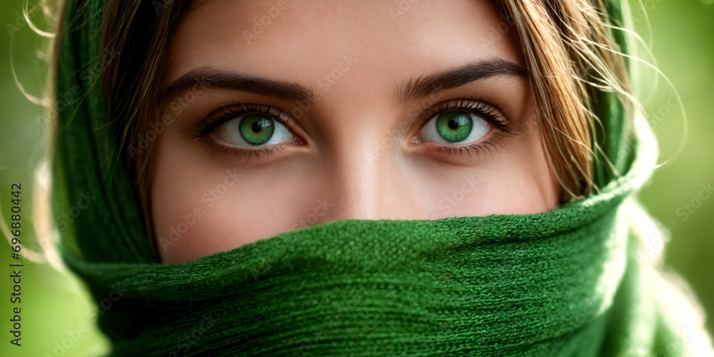 close up of green eyes of a girl with face wrapped in a green scarf
