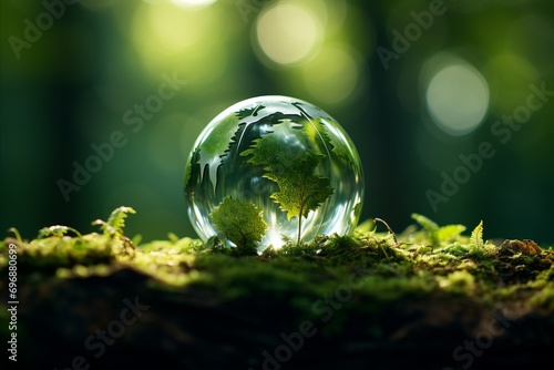 Earth Day - Environmental Awareness. Green Globe amidst Mossy Forest with Serene Defocused Sunlight