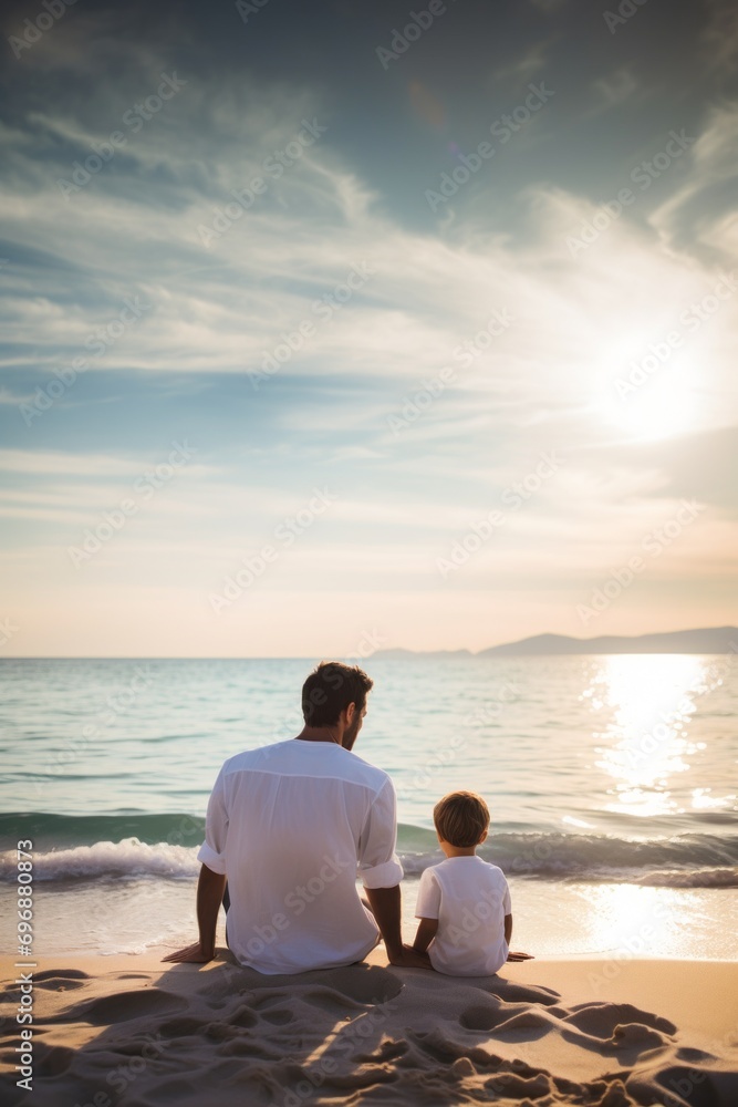 Seaside Serenity: Young Father and Son Enjoy Tranquil Moments by the Ocean Shore