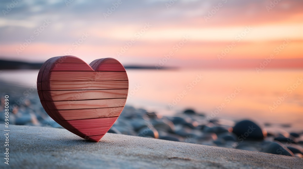 Fototapeta premium Close up of a light red wooden Heart in front of a beautiful Seascape. Blurred natural Background