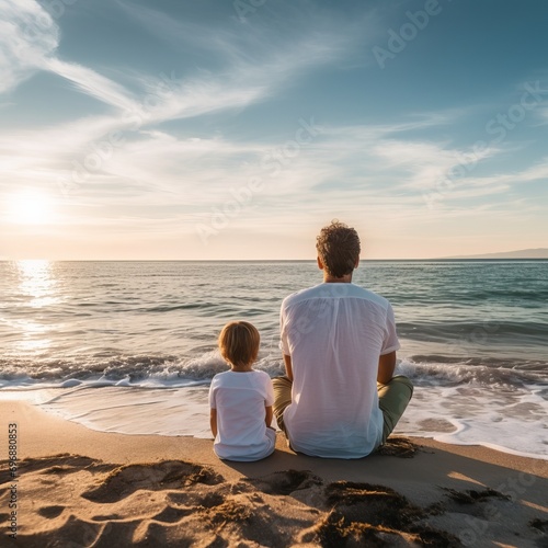 Bonding by the Waves: Rear View of Father and Son Relaxing on the Seashore