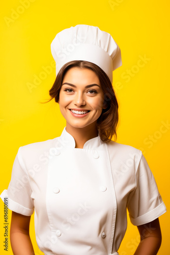 Woman in chef's outfit smiling for picture.