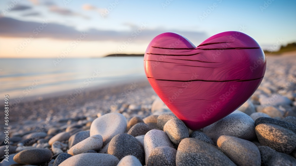 Close up of a magenta wooden Heart in front of a beautiful Seascape. Blurred natural Background Close up of a magenta wooden Heart in front of a beautiful Seascape. Blurred natural Background