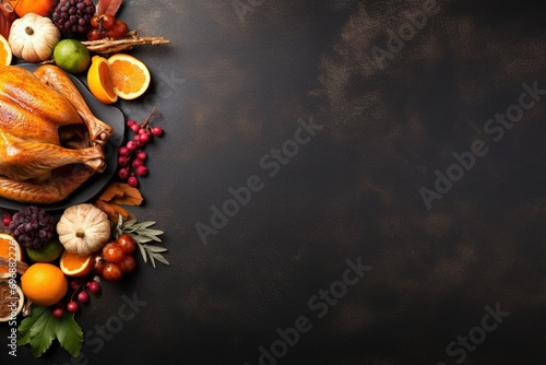 Thanksgiving day background with roasted turkey, fruits and spices