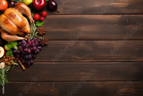 Thanksgiving day background with roasted turkey  fruits and spices
