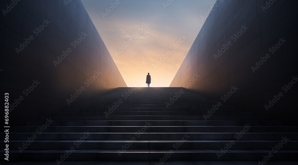 Person in the backlight stands at the end of the stairs and looks towards the sun or the light - theme of new beginnings, life after death or the afterlife - obrazy, fototapety, plakaty 