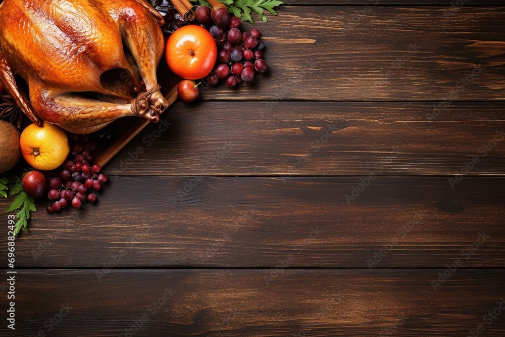 Thanksgiving day background with roasted turkey, fruits and spices