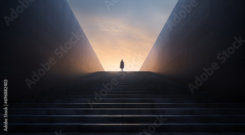 Person in the backlight stands at the end of the stairs and looks towards the sun or the light - theme of new beginnings, life after death or the afterlife photo