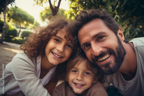 Happy family with father and two children, taking selfie photo in park or garden