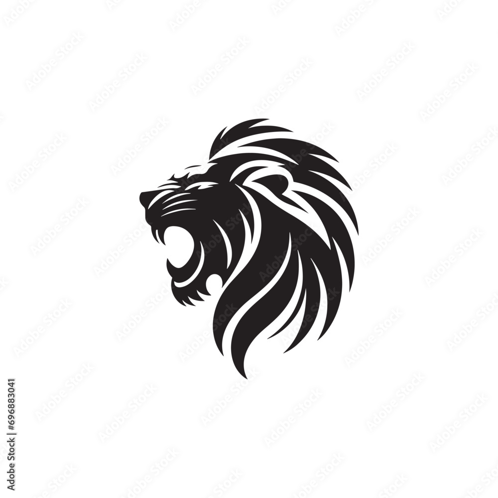 A Striking Black and White Composition: Lion Face Silhouette Capturing the Ferocious Roar, Majestic Mane, and Powerful Gaze
