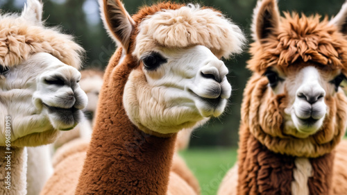Alpacas animals banner panorama long  Collection close up portrait headshot head of cute sweet funny laughing smiling group of alpaca vicugna pacos isolated on white background, Generative Ai photo