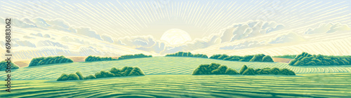Morning rural landscape with hills, an elongated format for the convenience of using it as a background.