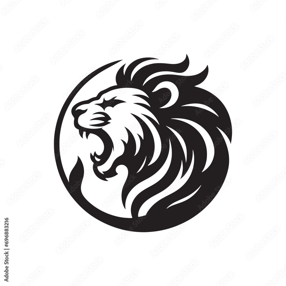 Fototapeta premium Lion Face Silhouette: Dominant Roar, Majestic Mane, and Fierce Gaze Captured in an Artistic Black and White Wildlife Composition 