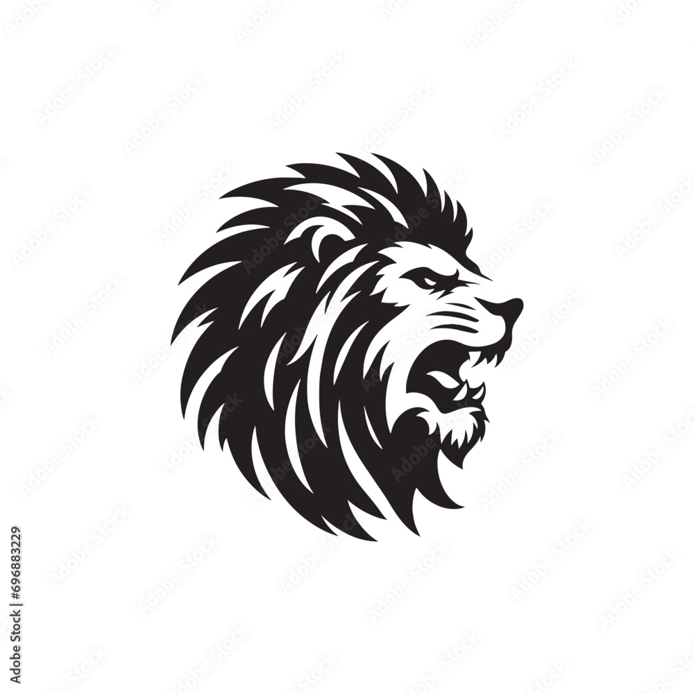The Wild Beauty of a Roaring King: Lion Face Silhouette Highlighting the Majestic Mane and Powerful Gaze in Black and White Elegance
