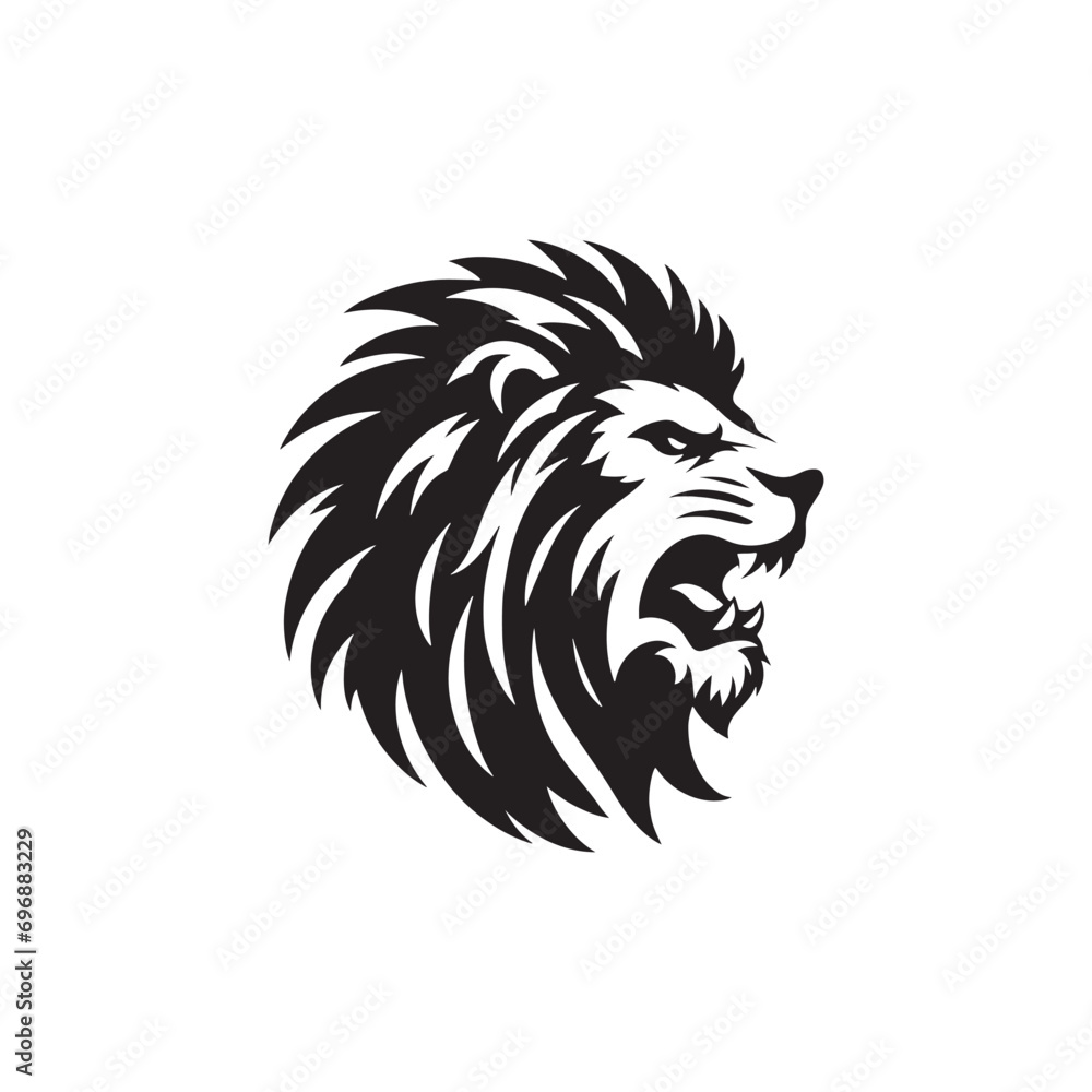 Fototapeta premium The Wild Beauty of a Roaring King: Lion Face Silhouette Highlighting the Majestic Mane and Powerful Gaze in Black and White Elegance 