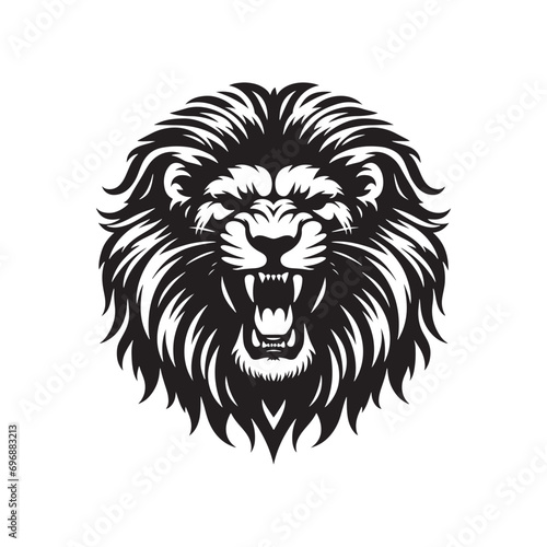 Lion Face Silhouette: Roaring Power and Elegant Majesty of a Lion's Face, with Striking Mane and Piercing Eyes in Black and White  © Vista