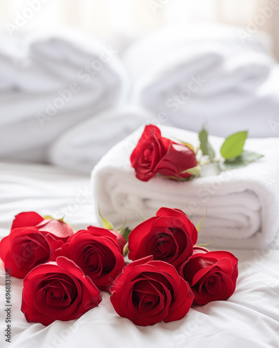Botão de rosa vermelha na cama com pétalas de rosa vermelha e toalhas brancas dobradas - Papel de parede romântico