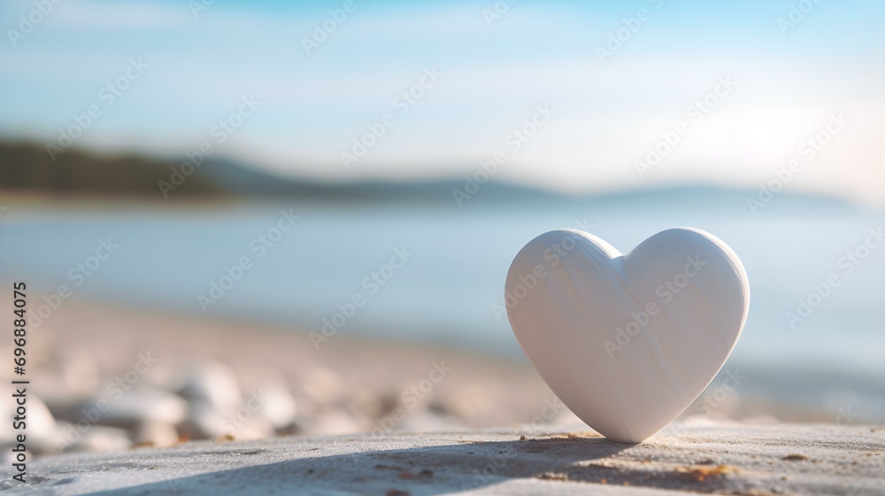 Fototapeta premium Close up of a white wooden Heart in front of a beautiful Seascape. Blurred natural Background