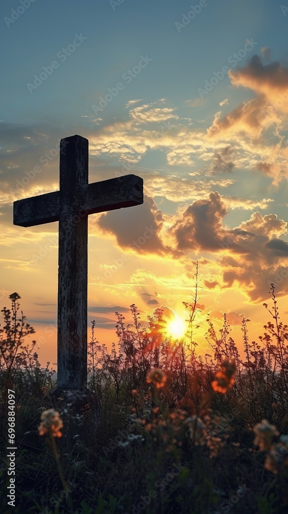 Silhouette of a cross on the background of a bright sunset