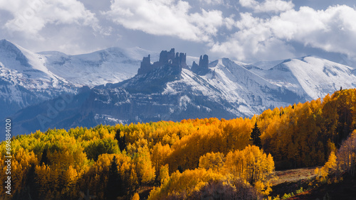 Scenic Colorado Autumn Yellow Trees with Snow Covered Mountains. Long Lens Landscape Ohio Pass Colorado