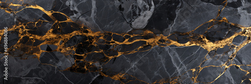 polished Black marble texture background with cracked gold veins details, space for text, 