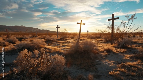 Rows of crosses standing in a desert landscape
