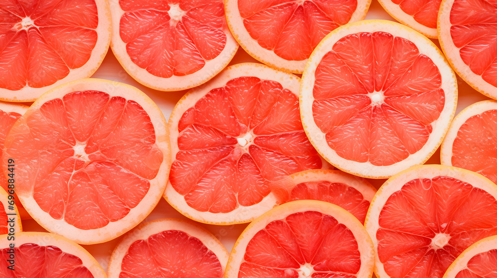 Top View Full Frame of Fresh Grapefruit Fruit Slices, Creating a Vibrant and Summery Visual Feast.