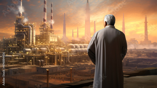 Businessman looking at the oil refinery at sunset. Oil and gas industry photo