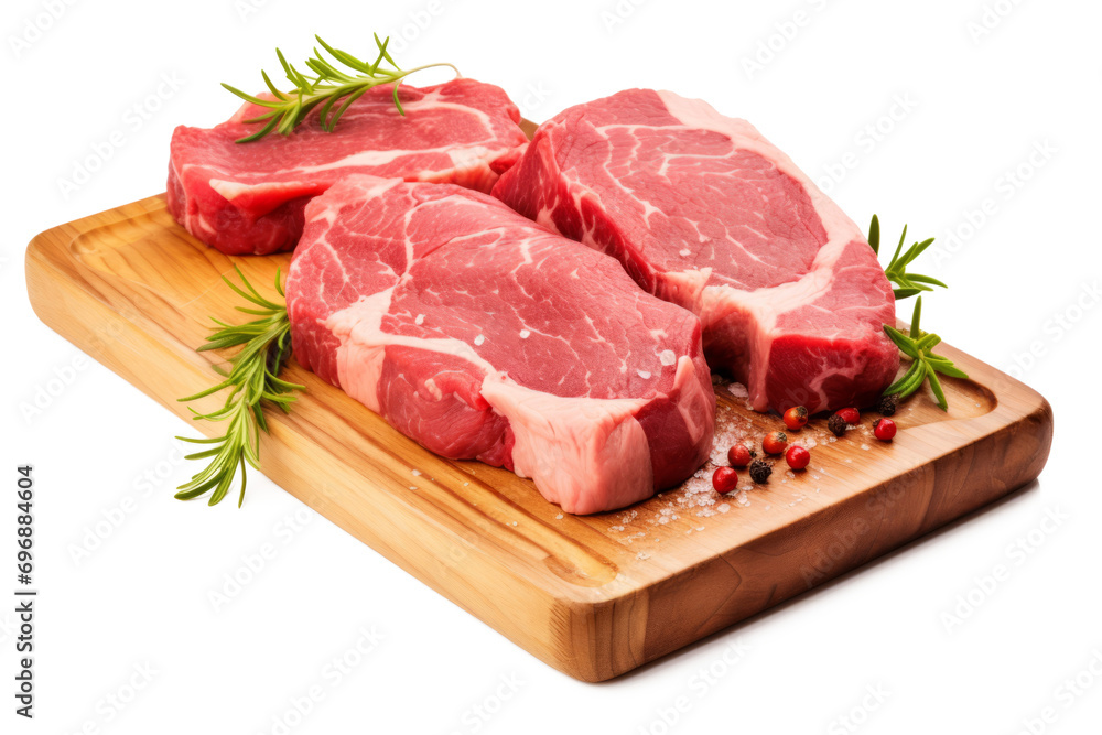 Fresh raw meat steaks and rosemary on cutting board isolated on transparent background